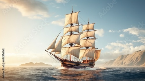 A classic wooden sailing ship with billowing sails on the open sea