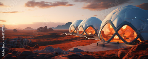 Glamping houses in desert landscape. Futuristic glamping in rocky mountains.