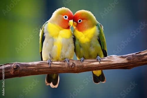 two lovebirds sharing a perch