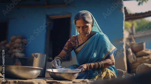 Indische Frau in blauer Sari bereitet das Essen vor