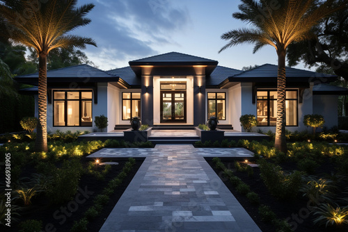 sleek, modern home with a hip roof design that exudes elegance and clean lines. The photo showcases the house from a flattering angle, emphasizing the symmetry and timeless appeal