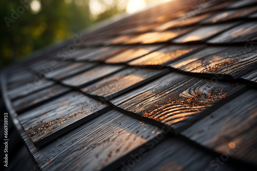durability of a hip roof with a close-up photo that focuses on high-quality roofing materials and craftsmanship. This image conveys a sense of security and longevity. Photo
