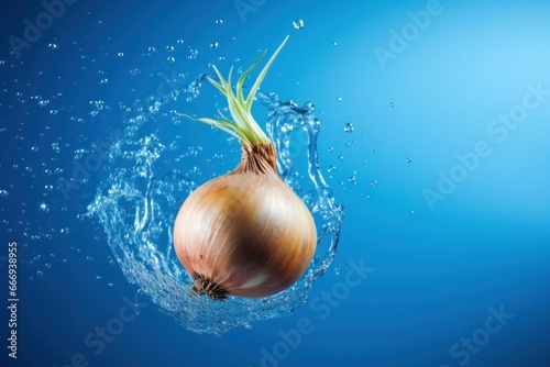 Single onion suspended in midair against a bright blue backdrop