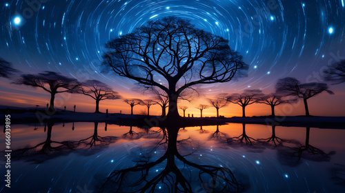 Night sky dancing with overexposed lights of stars with african trees in front standing as silhouettes with beautiful reflections in water