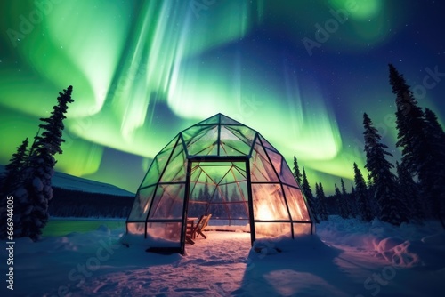 glass igloo under northern lights in a snowy landscape