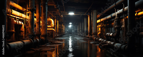 Underground sewer system pipes and dark water.