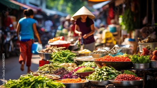 A vibrant street market scene with a diverse array of global cuisine