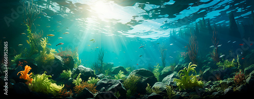 Paisaje submarino - Arrecife de coral - Fondo marino peces algas - Agua oceano 