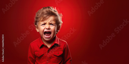 white little baby boy screaming crying on red isolated background