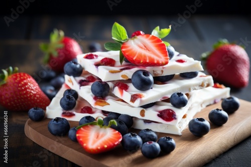 Yogurt Bark with Strawberry and Blueberries on rustic wooden background