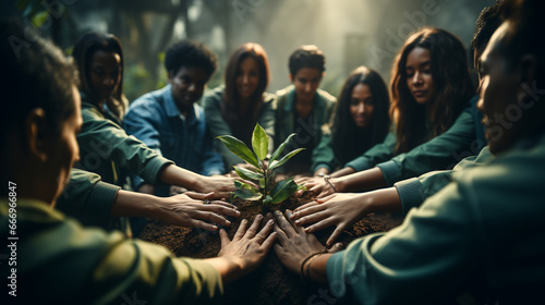 Volunteers hands together with a green plant.
