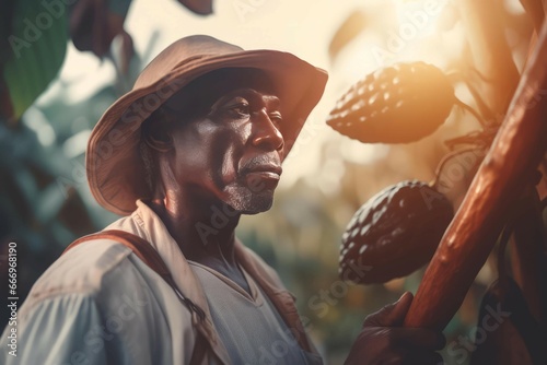 Cocoa farm harvesting season. Farmer picking fresh ripe cocoa beans. Generate ai