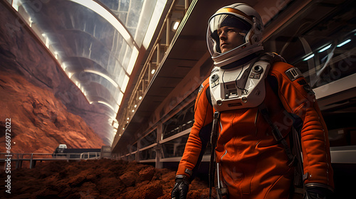 Close-up of a handsome Mars colonist inside a futuristic habitat on the surface of planet mars looking outside space