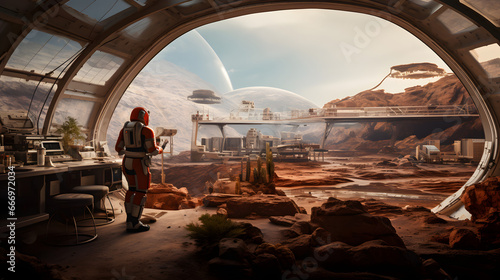 Wide shot of a Mars colonist inside a futuristic habitat on the surface of planet mars looking outside space