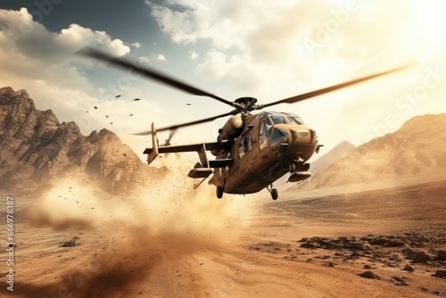 Helicopter in the desert. 3D render. Conceptual image, Helicopter in the desert. Military scene. 3d render, Attack helicopters flying in a warzone and shooting, AI Generated