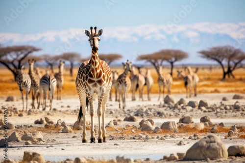 Giraffe in the Etosha National Park, Namibia, Herd of giraffes and zebras in Etosha National Park, Namibia, AI Generated