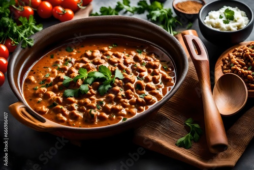 An up-close shot of a piping bowl of Dal Makhani, the creamy lentils simmering in a rich tomato and butter gravy, garnished with a dollop of cream and fresh herbs,