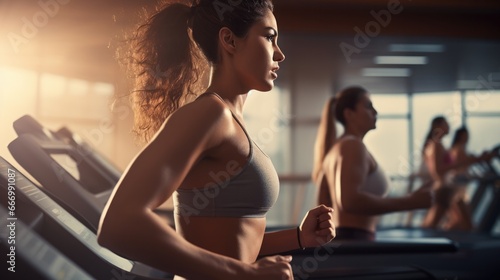Healthy young woman in sportswear running on a treadmill in health club. Health care concept.