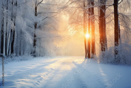 A wintry woodland scene with sunlight filtering through trees on snowy ground, creating a luminous trail. Generative AI