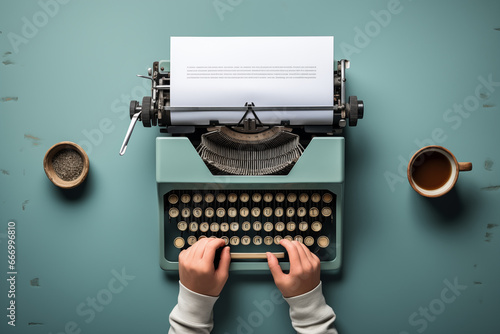 writer's hand poised above a blank page, ready to create a world with words. Include a typewriter or inkwell in the frame and space for the event details. Handwriting Day. With cop
