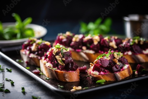 roasted beetroot and chevre bruschetta on a silver tray