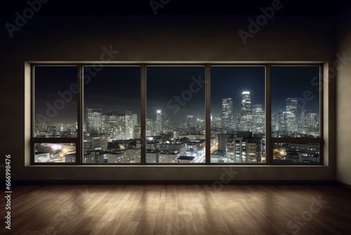 Cityscape view from high rise window overlooking downtown LA buildings. Empty room interior with mockup wall. Nighttime skyline with skyscrapers. California vibes. Generative AI