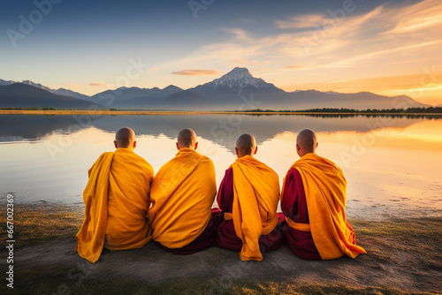 A group of monks in meditation near a serene lakeside