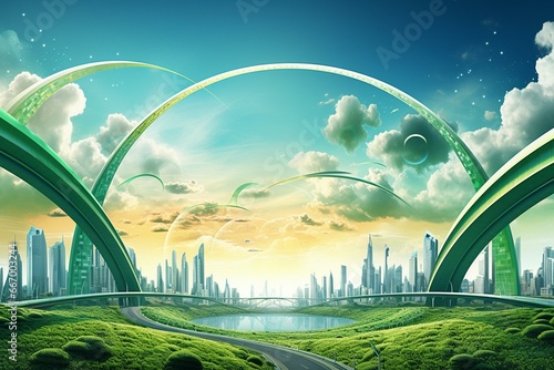 Green metropolis with colorful arc in the sky. Generative AI