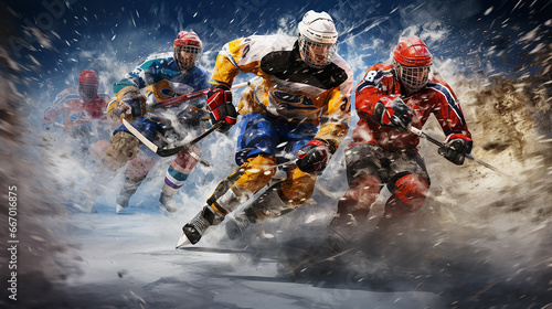 A group of hockey players in colorful jerseys across the ice