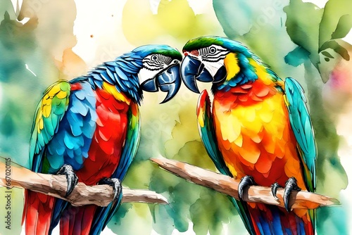 A Beautiful Watercolor Sketch of Two Colorful Australian Parrots.