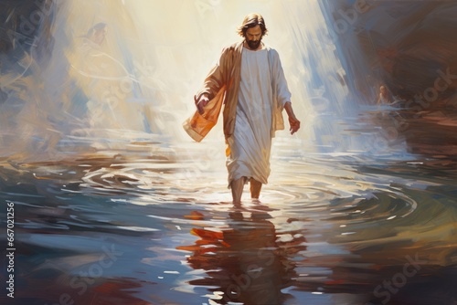Peter walking on water towards Jesus - biblical story