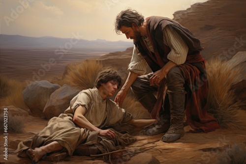 The Good Samaritan helping the injured man biblical story