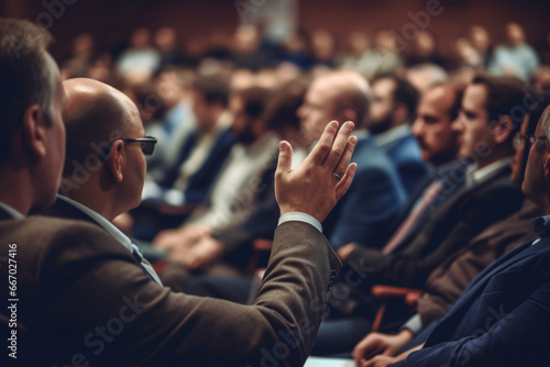 Seminar business meeting doctor conference audience presentation education lecture hospital event training hand question raise asking group convention congress speech