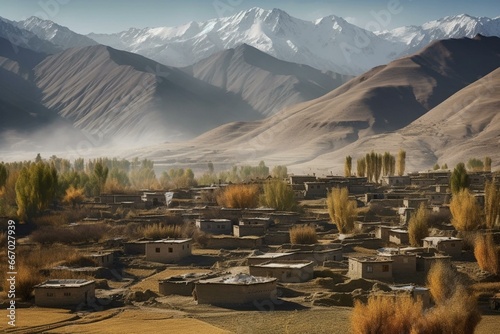 Scenic mountains and Afghan village. Generative AI