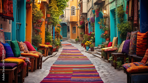 Vibrant Turkish carpet adorns the cozy street