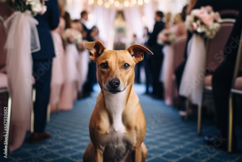 a dog on a path in the background of people at a wedding ceremony