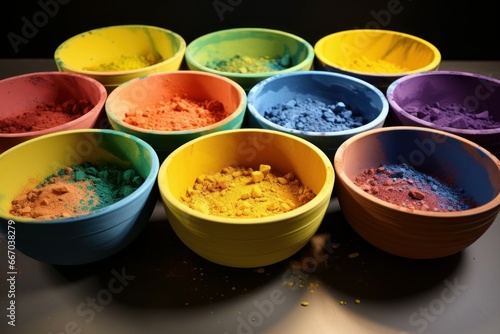 Glossy Ceramic bowl with colorful powder. Culture decorative. Generate Ai