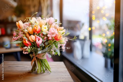 A vibrant bouquet of fresh flowers in a florist shop, showcasing their beauty and the variety of colors, making them a perfect gift.