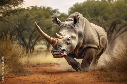 A thrilling moment captured in the African wilderness as an enraged rhinoceros charges, showcasing the raw power and danger of this massive herbivore.