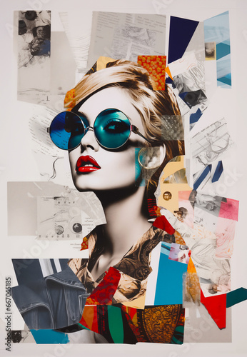 Pop collage Illustration of a beautiful female fashion model with sunglasses over colorful and vibrant patterns and shapes, Fashion, pop art