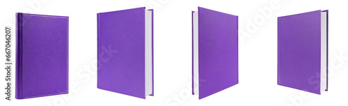 Set of violet book cover mockups, front and side view perspectives, template designs. Isolated on a transparent background. PNG, cutout, or clipping path.