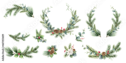 Watercolor Christmas fir branches and eucalyptus greenery wreaths set. Borders for holiday greeting card, invitation, fashion, background. Hand painted illustration. Xmas template.