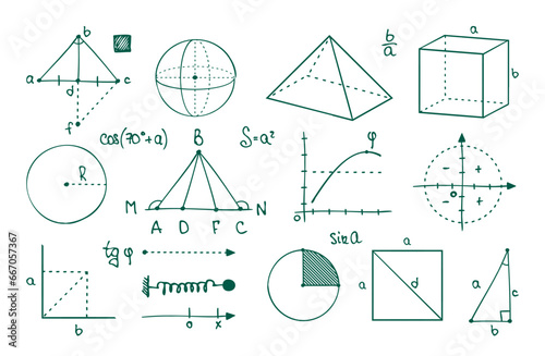 Math graphs. Parabolas, cosine, sine and tangent curves. Geometric figures and functions. Vector college algebraic symbols. Illustration of chart mathematics parabola