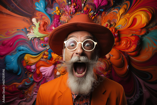 funny surprised happy old man in hat on a bright multicolored hallucinogenic background from drugs