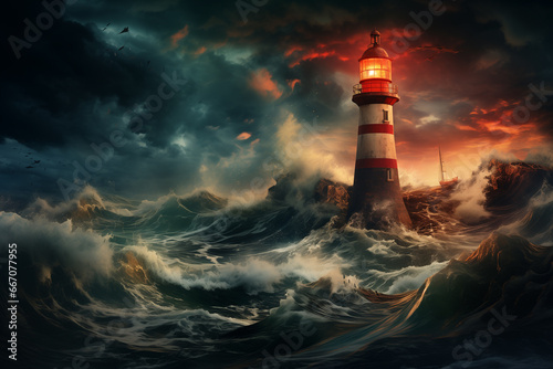 lonely lighthouse on a rock in the middle of a stormy sea