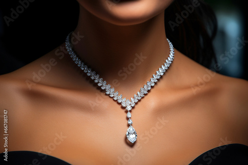 Woman wearing luxury jewelry, platinum necklace with diamonds close-up. Golden necklace on female neck. Beautiful diamond pendant necklace. Beauty, people and jewelry concept