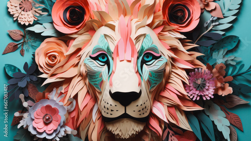 Colorful portrait of lion surrounded with spring flowers. Abstract creative idea of animal in paper sculptures collage style.