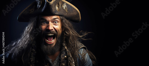 portrait of an angry pirate captain in a hat on a black background with a copy space