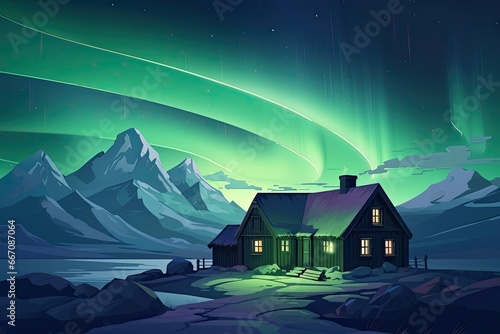 little wooden house on polar lights sky background in winter illustration