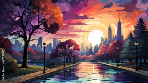 A vibrant metropolis painted with whimsical trees and flowing rivers, an anime-inspired masterpiece that captures the essence of nature's artistry